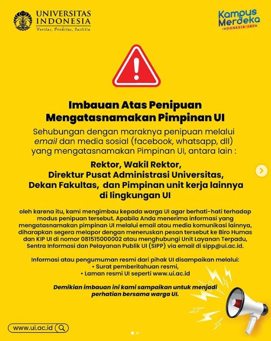 Imbauan Penipuan Mengatasnamakan Pimpinan UI